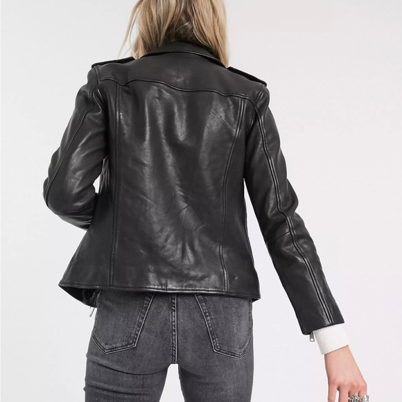 AllSaints Elva Leather Biker Jacket Size 6 Black - Picture 2 of 6
